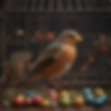 A close-up of a bird playing with interactive toys in its large, well-furnished cage, emphasizing engagement.