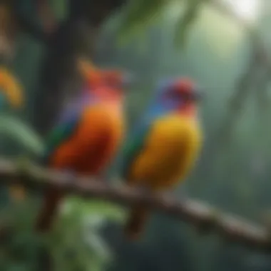 Colorful talking birds perched on a branch, showcasing their vibrant plumage.