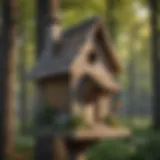 A beautifully designed large birdhouse nestled among trees