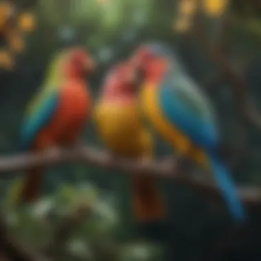 Colorful pet birds perched on a branch