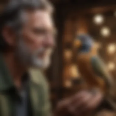 A bird owner interacting with their pet bird