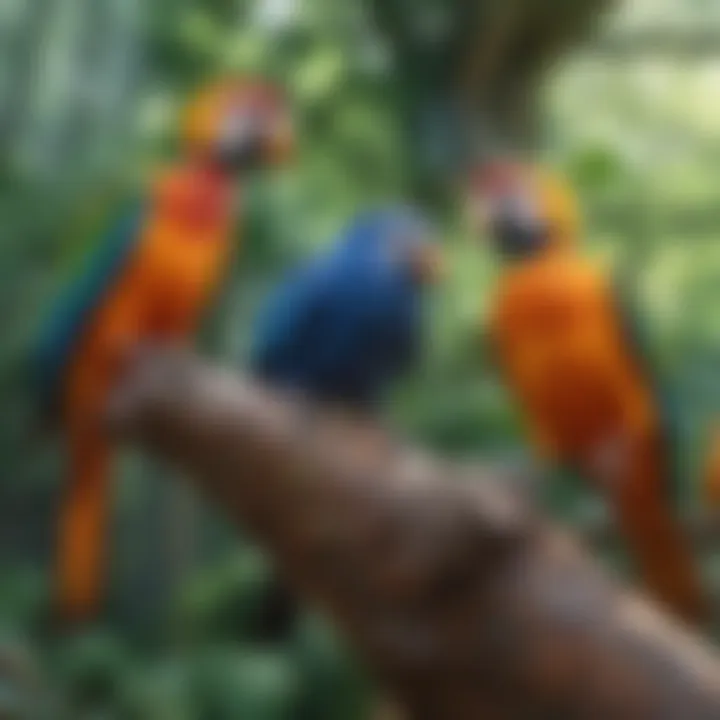 An array of colorful birds interacting in a spacious aviary environment