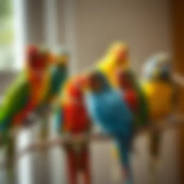 A colorful collection of pet birds perched on a branch