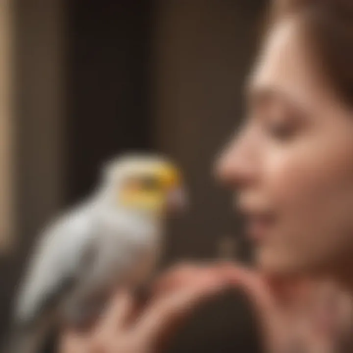 A hand gently interacting with a cockatiel