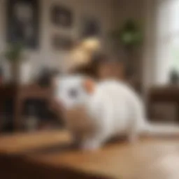 A white ferret exploring a vibrant living room