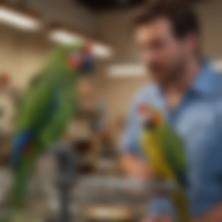 A veterinarian examining a parrot, emphasizing the importance of health care.