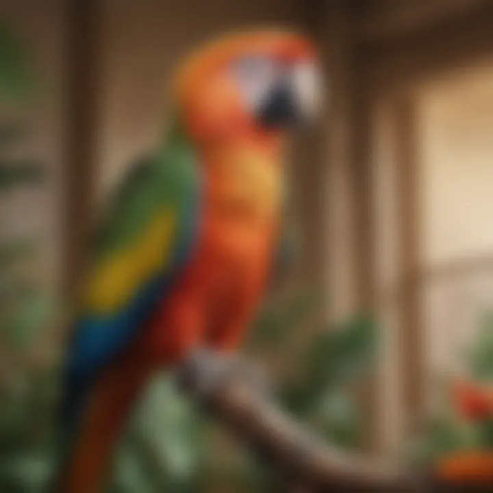 A vibrant parrot perched on a branch, showcasing its colorful feathers.