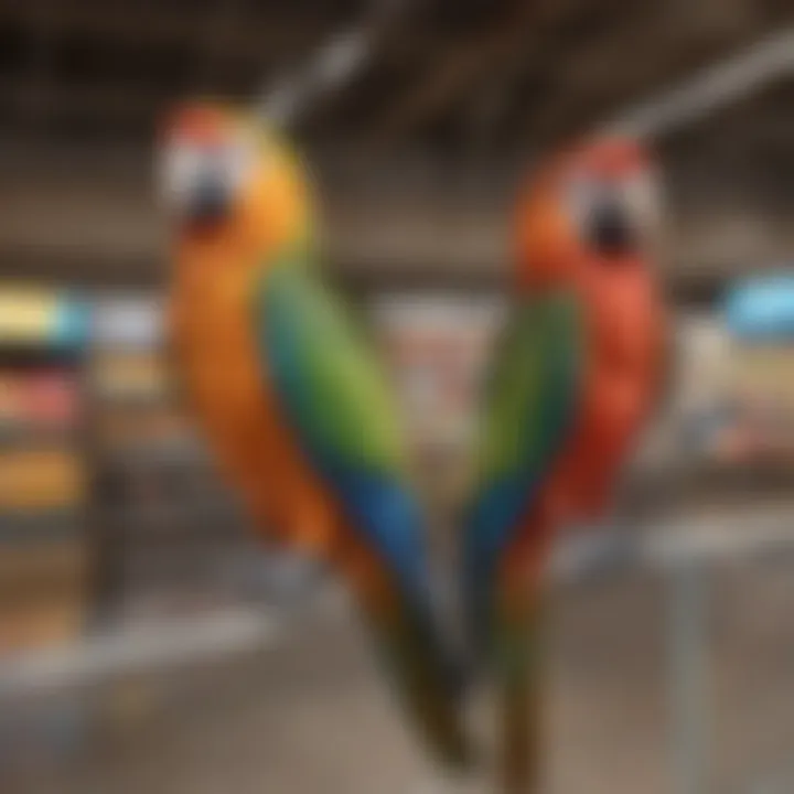 Colorful parrots perched in a Petco store