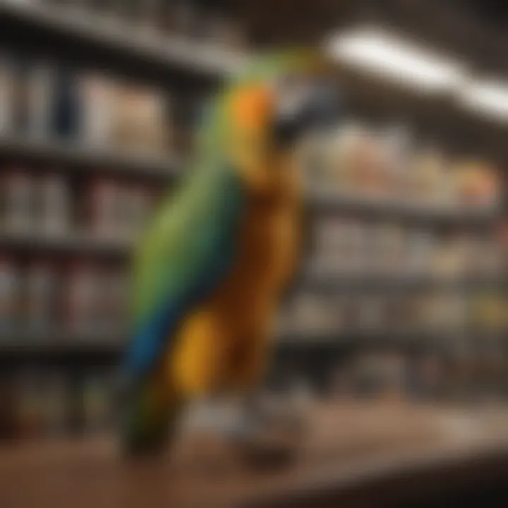 Essential supplies for parrot care displayed on a shelf