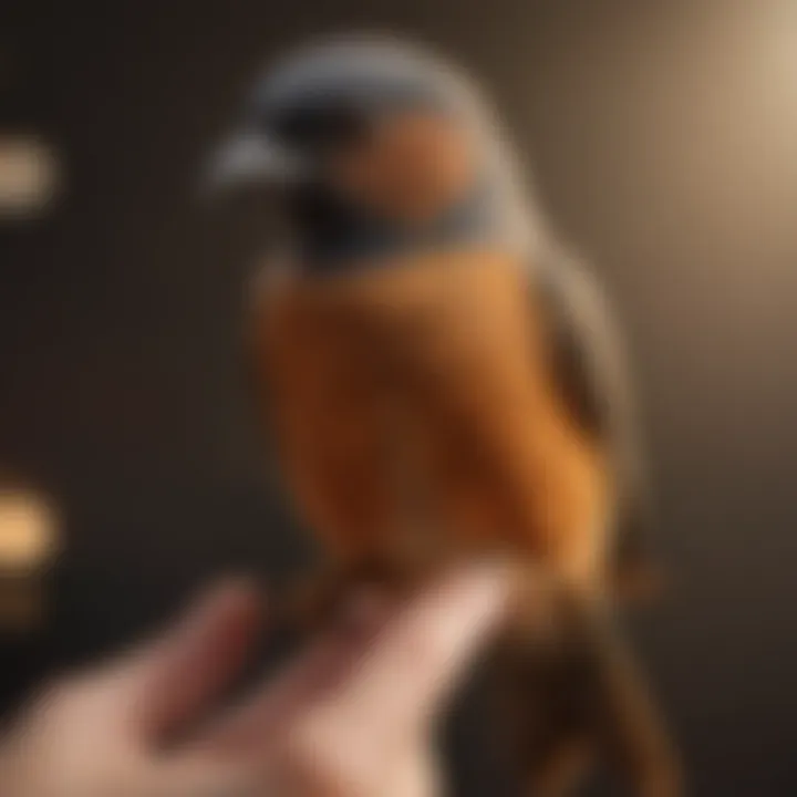 A close-up of a bird perched on a hand, showcasing the bond between owner and pet