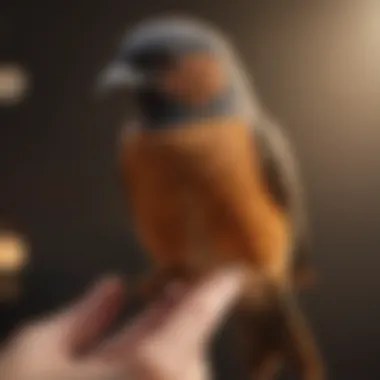 The Bond Between Owner and Bird A close-up of a bird perched on a hand, showcasing the bond between owner and pet