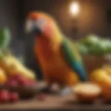 A vibrant collection of fruits and vegetables rich in essential vitamins for parrots.