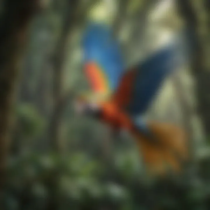 A colorful macaw flying over a lush rainforest