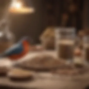 Essential Bird Nutrition A selection of bird food and dietary supplements on a table.