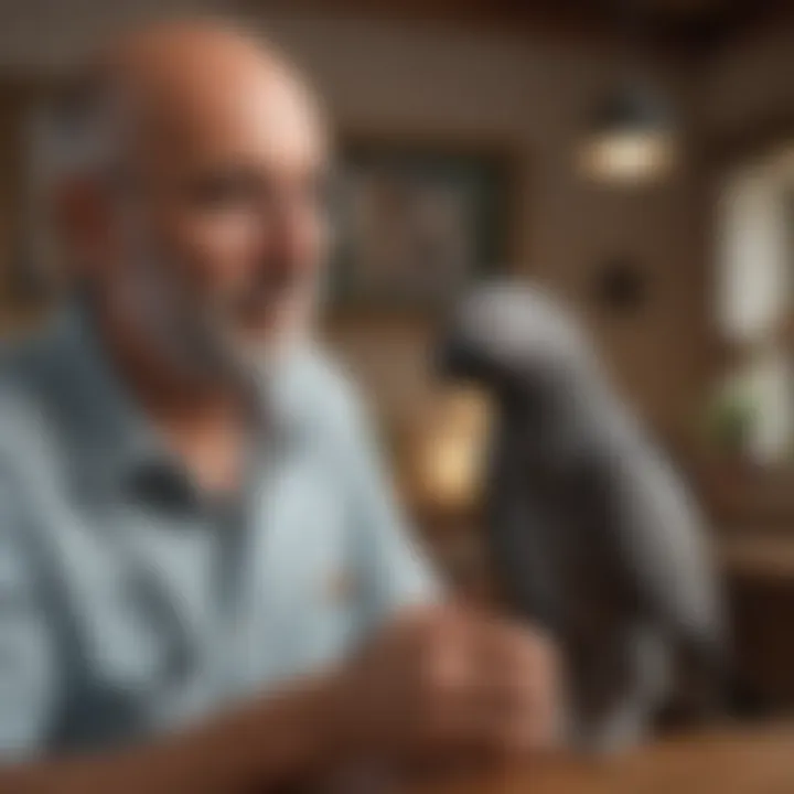 A serene living space featuring an African Grey parrot interacting with its owner, emphasizing the bond and companionship of pet ownership.