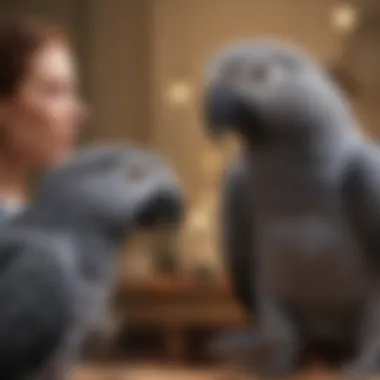 An African Grey parrot interacting with its owner