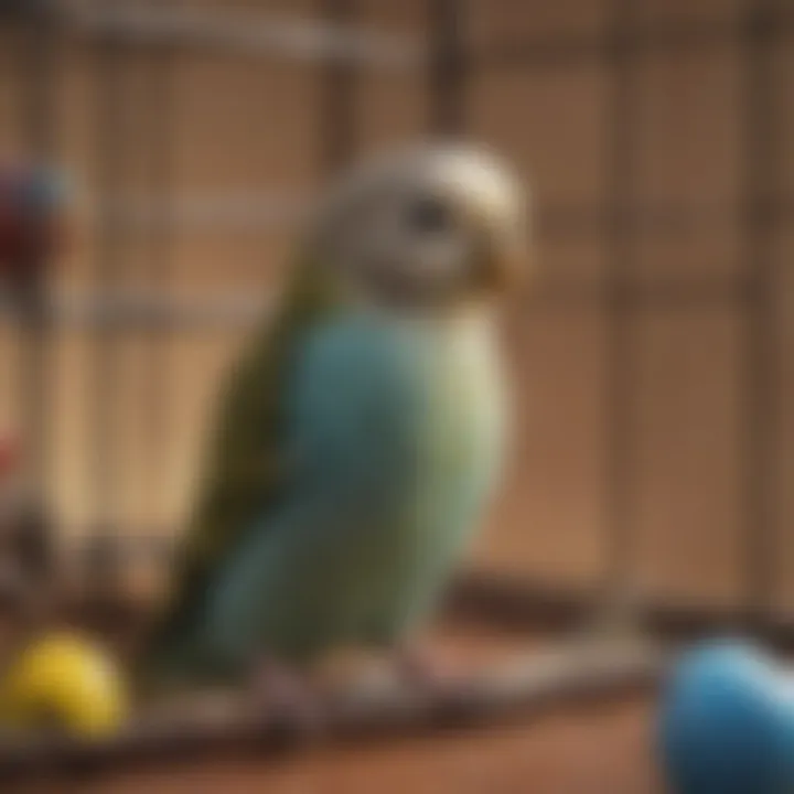 A budgerigar playing with toys in a colorful cage