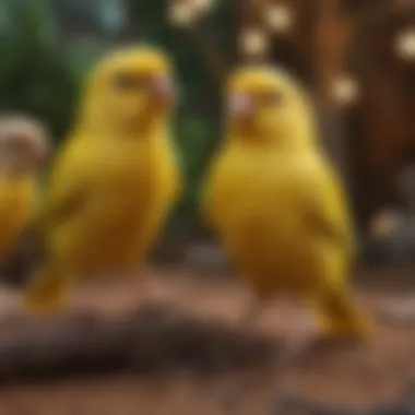 Canaries in a vibrant aviary, displaying social interaction