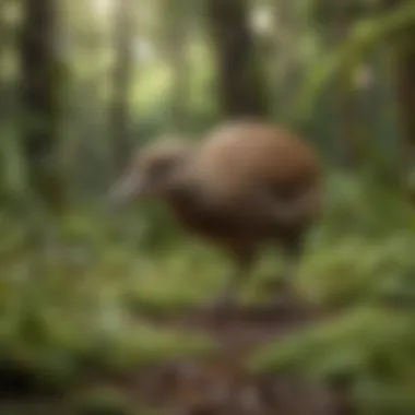 A kiwi bird foraging in the lush undergrowth of New Zealand's forest.