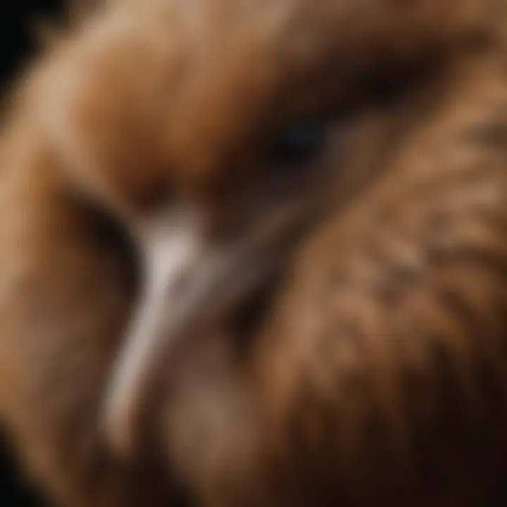 Close-up of a kiwi's distinctive brown, shaggy feathers and long beak.