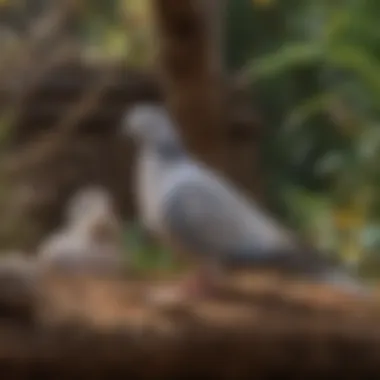 Doves interacting with enrichment items in their habitat