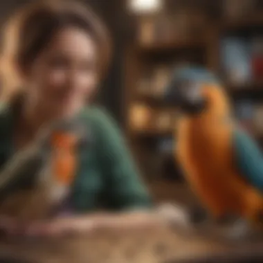 A content creator interacting joyfully with a pet bird in a cozy setting.