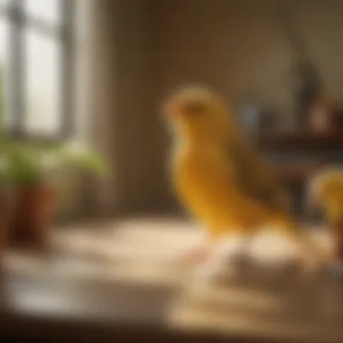 Joyful Presence of a Canary A vibrant canary singing in a sunlit room, representing joy and emotional uplift.