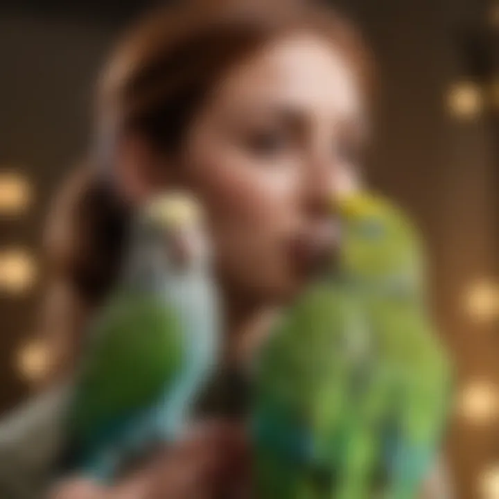 A serene parakeet perched on a person's shoulder, symbolizing companionship.