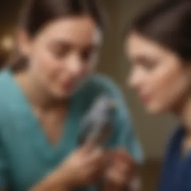 A healthcare professional observing a patient interacting with a pet bird, showcasing therapeutic interaction.