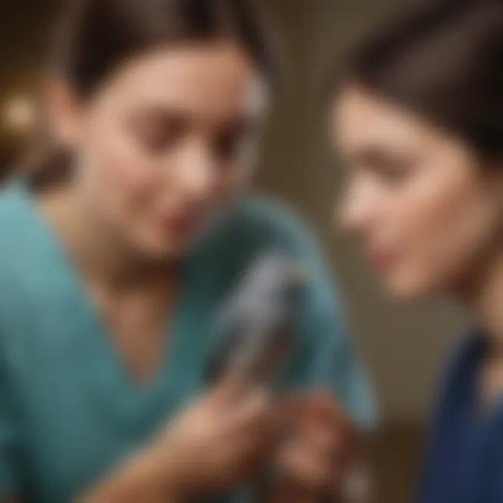 A healthcare professional observing a patient interacting with a pet bird, showcasing therapeutic interaction.