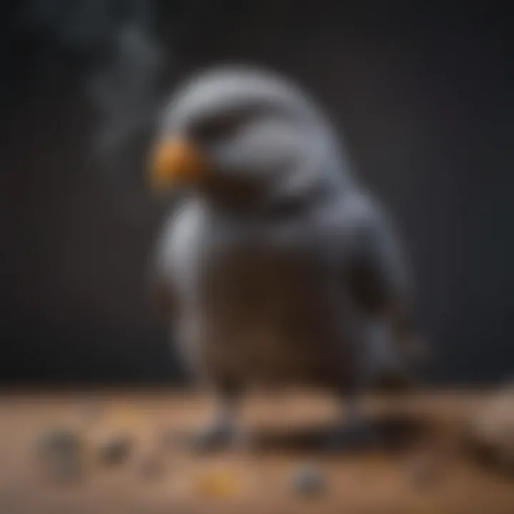 A pet bird showing signs of distress due to smoke exposure