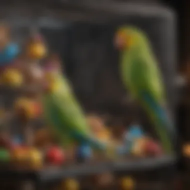 Spacious Parakeet Cage with Enrichment A spacious parakeet cage filled with colorful toys and perches