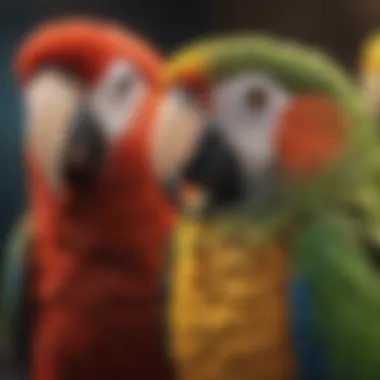 A colorful array of African parrot species displayed together