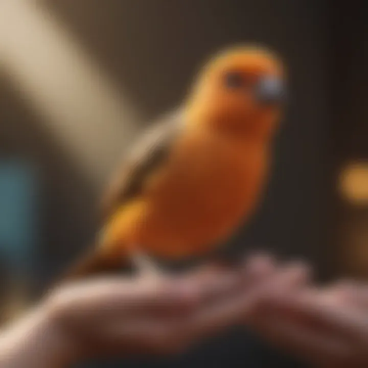 A close-up of a hand interacting with a cheerful bird