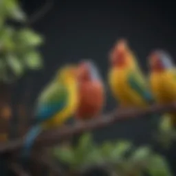 A vibrant assortment of cell pet birds perched on a branch