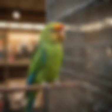 A selection of parakeet cages in a pet shop, representing different styles and sizes.