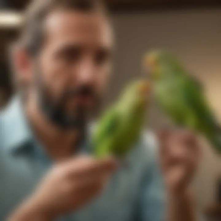 A serene environment with a parakeet interacting with its owner, highlighting companionship.