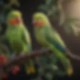 A vibrant parakeet perched on a branch, showcasing its colorful feathers.