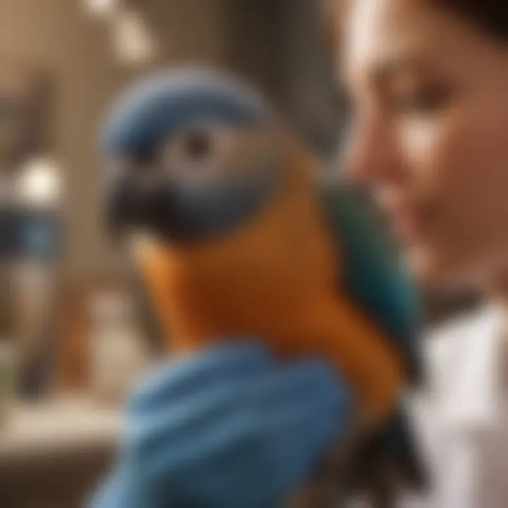 A close-up of an avian vet examining a bird, illustrating the significance of regular health check-ups and expert care.