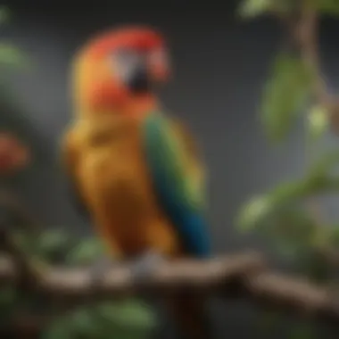 A vibrant parrot perched on a natural branch, showcasing its colorful plumage in a serene environment.