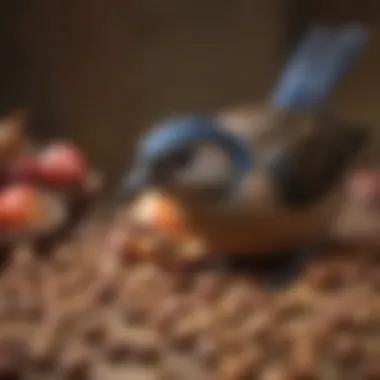 Nourishing Diet for Avian Longevity A close-up of a bird's diet consisting of seeds, fruits, and nuts.