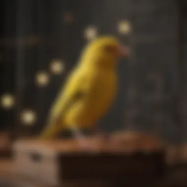 Melodic Whispers: The Charming Canary A canary singing in its cage, representing the charm of avian melodies