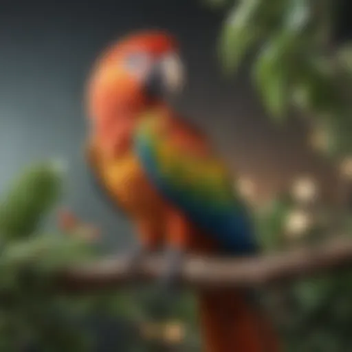 Colorful parrot perched on a branch, showcasing its vibrant plumage and vocal nature