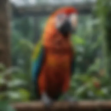 A macaw in an aviary, expressing vocalizations amidst lush surroundings