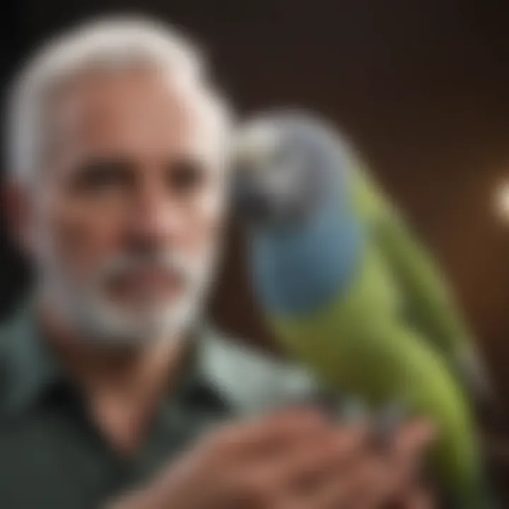 An interactive session between a bird owner and a talking budgerigar.