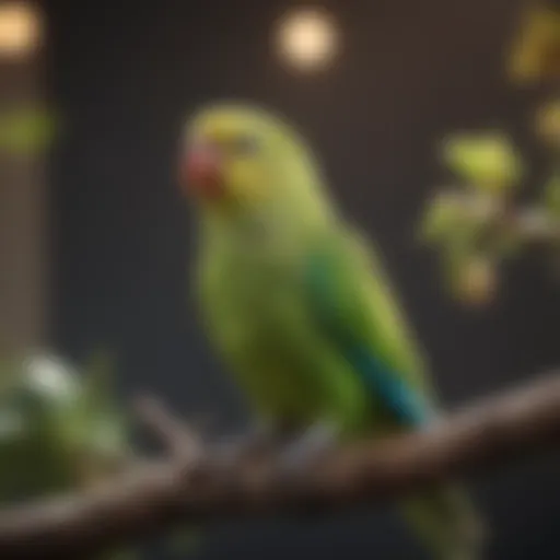 A vibrant parakeet perched on a branch, singing joyfully.