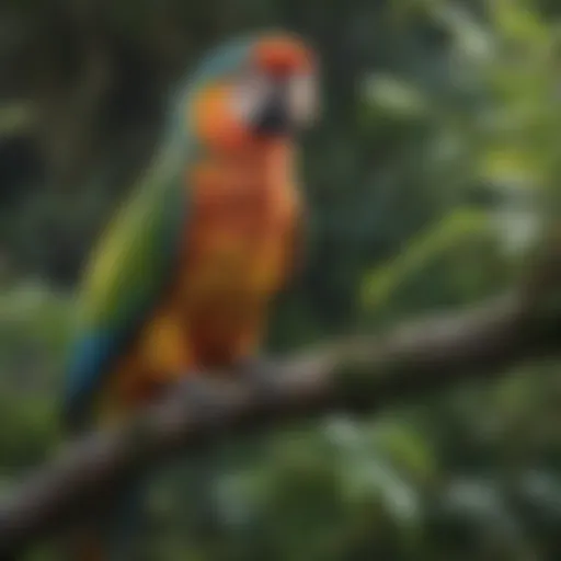 A vibrant parrot perched on a branch surrounded by lush greenery