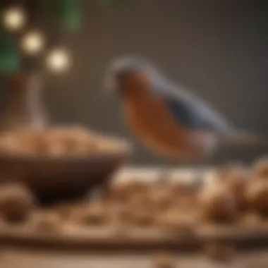 A pet bird perched near a bowl of walnuts, showcasing healthy eating habits.