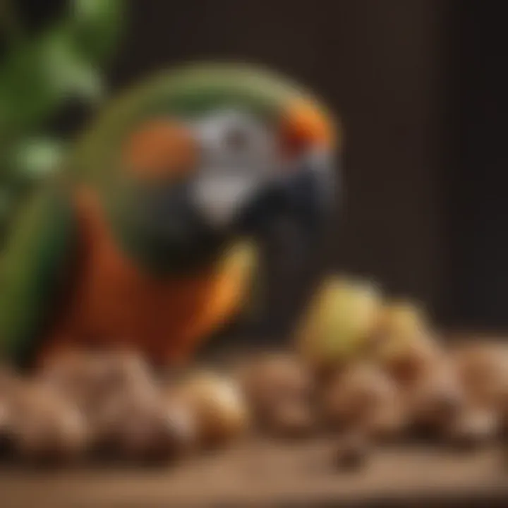 Close-up of a parrot nibbling on a walnut half.