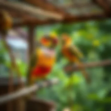 Essential features of an outdoor aviary including perches, nesting areas, and feeding stations.